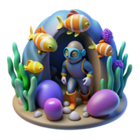 Render of Diver Exploring Underwater Cave with Colorful Fish and Coral Reef png