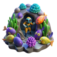 Render of Astronaut Exploring Underwater Cave with Colorful Fish and Coral png