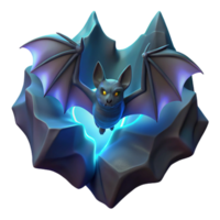 Glowing Bat in Crystal Cave A luminous bat navigating a crystal cave, its wings glowing with vibrant colors in a digital world. png