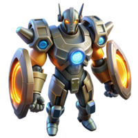 Powerful Armored Robot with Shields A futuristic robot clad in powerful armor, ready for battle in a digital world. png
