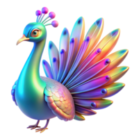Rainbow Peacock 3D Render - A vibrant 3D render of a peacock with rainbow colors highlighting its dynamic and eye-catching appearance png
