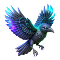 Glowing Raven in Flight A radiant raven navigating the digital sky, its feathers glowing with vibrant colors in a stunning render. png