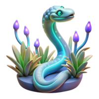 Glowing Snake in Fantasy Flora A luminous 3D depiction of a snake amidst fantasy flora, highlighting its glowing features and enchanting presence. png