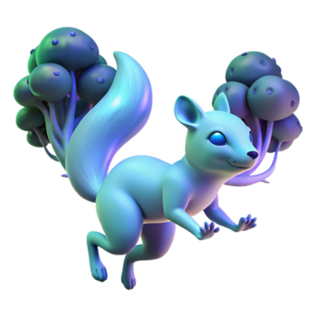 Squirrel with Mushrooms 3D Render A dynamic depiction of a squirrel navigating a world of mushrooms, captured in a stunning three-dimensional render. png