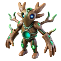 Wooden Robot with Glowing Lights A charming wooden robot adorned with glowing lights, navigating a digital world with whimsy. png