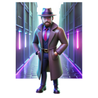 Mystery Night Detective in Neon City A dynamic depiction of a detective navigating a neon city, capturing the essence of mystery in a digital world. png