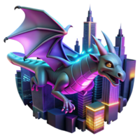 Dragon Soaring Over Cityscape A dynamic 3D render of a dragon soaring over a cityscape, blending fantasy with urban elements. png