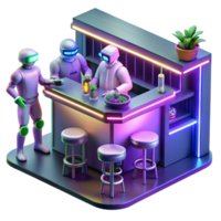 Robots at Neon Bar A whimsical 3D render of robots at a neon bar, capturing the essence of futuristic nightlife and playful design. png