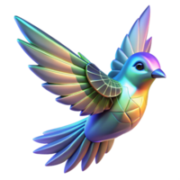 Iridescent Robotic Bird in Flight A futuristic bird crafted as a robotic design, its wings shimmering with iridescent colors in a digital world. png