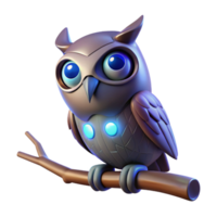 Cybernetic Owl on Branch A futuristic owl perched on a branch, its feathers glowing with cybernetic energy in a digital world. png