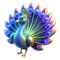 Peacock 3D Render Iridescent Plumage A radiant depiction of a peacock with iridescent plumage, captured in a stunning three-dimensional render. png