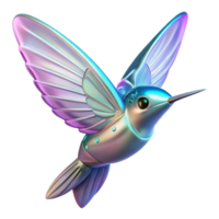 Iridescent Robotic Hummingbird A futuristic hummingbird crafted as a robotic design, its wings shimmering with iridescent colors in a digital world. png