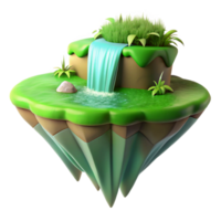 Floating Island Waterfall 3D Render - A whimsical 3D render of a floating island with a waterfall capturing its magical atmosphere and enchanting design png