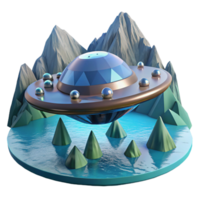 UFO Over Mountain Lake A dynamic scene of a UFO navigating a mountain lake, capturing the essence of cosmic exploration in a digital world. png