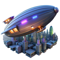 Futuristic Airship Over City A dynamic depiction of an airship navigating a world of cities, capturing the essence of innovation in a digital world. png