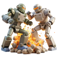 Robot Showdown Explosive Combat A dynamic 3D render of a robot showdown, capturing the essence of explosive combat and futuristic action. png