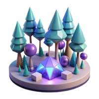 Glowing Gem in 3D Forest Scene A radiant gem navigating a world of forests, its surface glowing with vibrant colors in a digital world. png