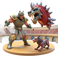 Gladiator, Beast, Arena Epic 3D Battle A dramatic scene of a gladiator battling a beast in an arena, captured in a stunning three-dimensional render. png