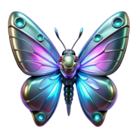Robotic Butterfly Chrome Wings A futuristic 3D depiction of a robotic butterfly with chrome wings, showcasing its advanced design and mechanical features. png