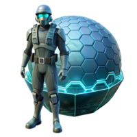 Futuristic Soldier Geodesic Sphere A dynamic 3D render of a futuristic soldier and geodesic sphere, capturing the essence of advanced technology and modern design. png