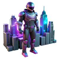Cyberpunk City Mech Warrior A dynamic 3D render of a cyberpunk city with a mech warrior, capturing the essence of intense action and futuristic technology. png