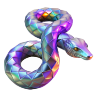 Iridescent Polygonal Snake A radiant snake crafted in polygonal shapes, its scales shimmering with iridescent colors in a digital world. png