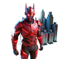 Red Armored Hero in Cityscape A dynamic depiction of a hero clad in red armor, navigating a cityscape in a digital world. png