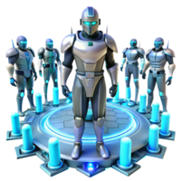 Cybernetic Squad Futuristic Robot Team in a Visionary Three Dimensional Scene of Innovation png