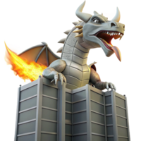 Dragon Fire on Building A dynamic depiction of a dragon navigating a world of fire, its flames engulfing a building in a digital world. png