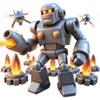 Combat Robot with Flamethrowers A futuristic robot equipped with flamethrowers, ready for battle in a digital world. png