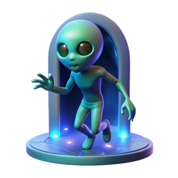 Alien Emerging from Portal A dynamic 3D render of an alien emerging from a portal, capturing the essence of extraterrestrial adventure and intense action. png