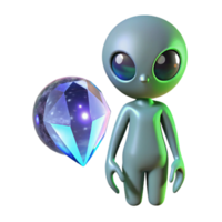 Alien and Crystal Gem A captivating 3D render of an alien interacting with a crystal gem, merging extraterrestrial elements with mystical themes. png