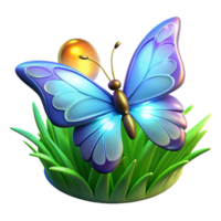 Blue Butterfly on Grass A serene depiction of a butterfly navigating a field of grass, captured in a stunning three-dimensional render. png