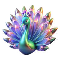 Iridescent Peacock 3D Art A radiant peacock navigating the digital garden, its feathers shimmering with iridescent colors in a stunning render. png