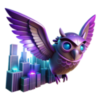 Cyber Owl Soars Over Cityscape A dynamic 3D render of a cyber owl soaring over a cityscape, blending futuristic elements with urban design. png