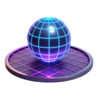 Neon Globe on Grid Platform A dynamic depiction of a globe glowing with neon colors, perched on a grid platform in a digital world. png