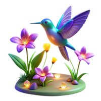 Hummingbird Flowers 3D Render A serene depiction of a hummingbird navigating a world of flowers, captured in a stunning three-dimensional render. png