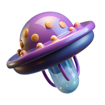 3D Render Purple UFO Spaceship A vibrant 3D depiction of a purple UFO spaceship, capturing its dynamic design and extraterrestrial elements. png