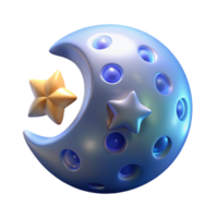 Crescent Moon Stars 3D Render A serene 3D depiction of a crescent moon and stars, creating a tranquil night scene. png