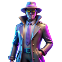 Sleuth in Neon 3D Render A stylish 3D depiction of a detective in a neon-lit environment, blending mystery with modern aesthetics. png