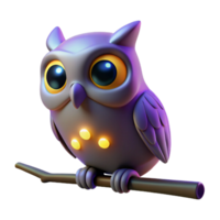 Cute 3D Owl on Branch - An adorable 3D render of an owl perched on a branch capturing its playful and endearing nature png