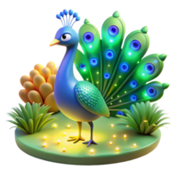 Luminous Peacock 3D Render A majestic 3D depiction of a luminous peacock, highlighting its regal presence and glowing features. png