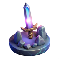 Glowing Crystal Sword on Rocks A luminous 3D depiction of a crystal sword on rocks, highlighting its glowing features and enchanting presence. png