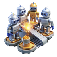 Robots on Assembly Line Automation A futuristic 3D depiction of robots on an assembly line, showcasing the essence of automation and advanced technology. png