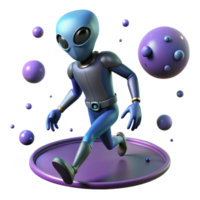 Alien Running on Purple Disc A dynamic 3D render of an alien running on a purple disc, capturing the essence of extraterrestrial adventure and playful design. png