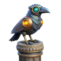 Mechanical Raven Perched on a Column in a Futuristic Scene png