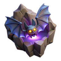 Glowing Bat in Cave A luminous 3D depiction of a bat in a cave, highlighting its glowing features and mysterious presence. png