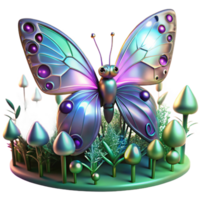 iridescente borboleta dentro cogumelo jardim uma caprichoso 3d representação do uma borboleta com iridescente características dentro uma cogumelo jardim, capturando Está encantador presença e vibrante cores. png