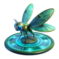 Cybernetic Insect on Platform A futuristic insect crafted as a robotic design, navigating a platform in a digital world. png