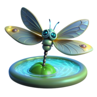 Cyber Dragonfly on a Lily Pad in a Futuristic Three Dimensional Scene of Design png